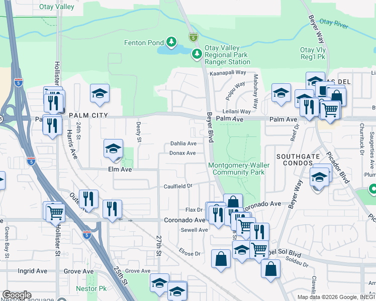 map of restaurants, bars, coffee shops, grocery stores, and more near 2840 Donax Avenue in San Diego