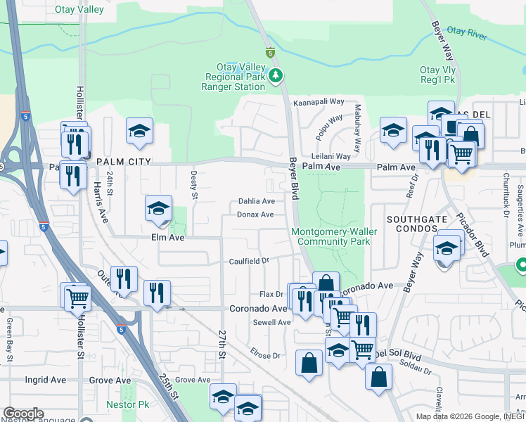 map of restaurants, bars, coffee shops, grocery stores, and more near 2840 Donax Avenue in San Diego