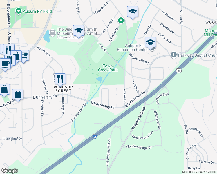map of restaurants, bars, coffee shops, grocery stores, and more near 1357 Hampton Drive in Auburn