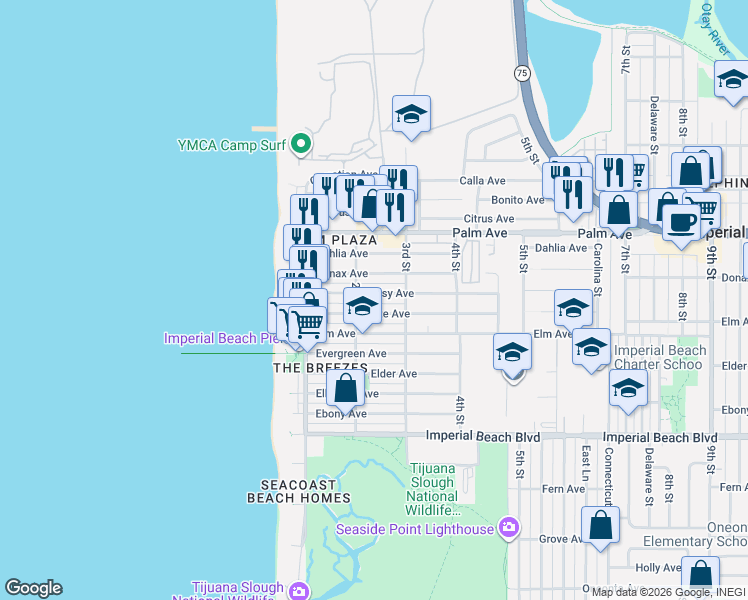 map of restaurants, bars, coffee shops, grocery stores, and more near 221 Daisy Avenue in Imperial Beach