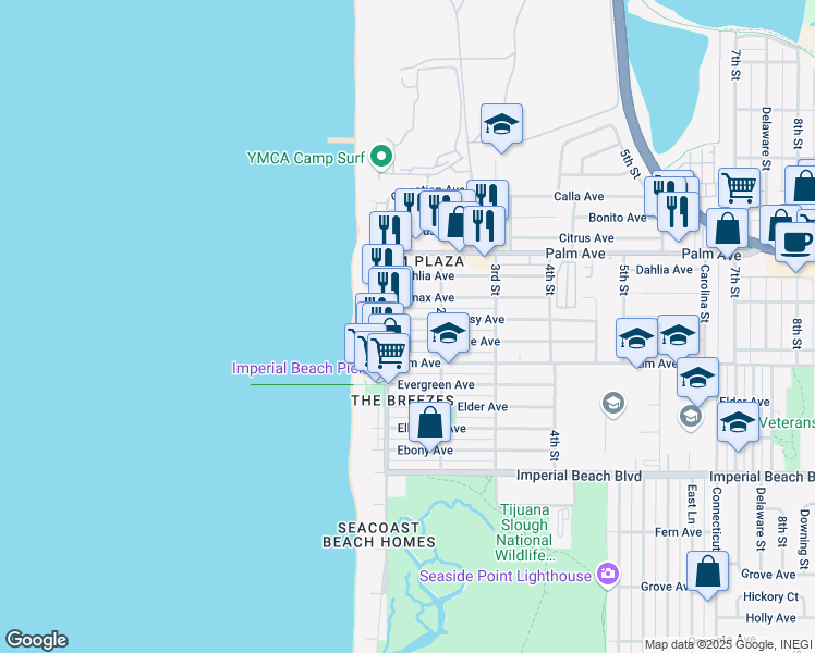 map of restaurants, bars, coffee shops, grocery stores, and more near 149 Daisy Avenue in Imperial Beach
