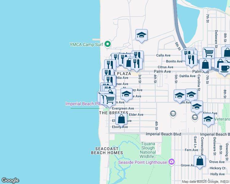 map of restaurants, bars, coffee shops, grocery stores, and more near 133 Daisy Avenue in Imperial Beach