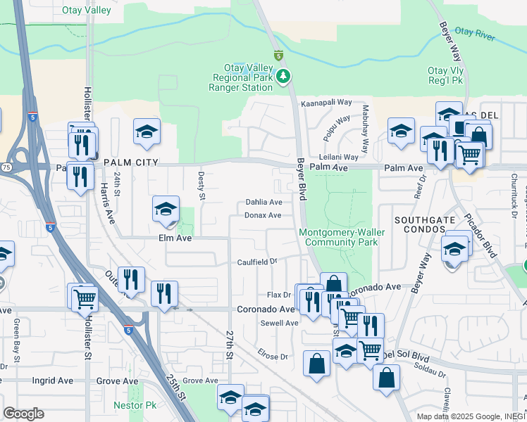 map of restaurants, bars, coffee shops, grocery stores, and more near 2820 Donax Avenue in San Diego