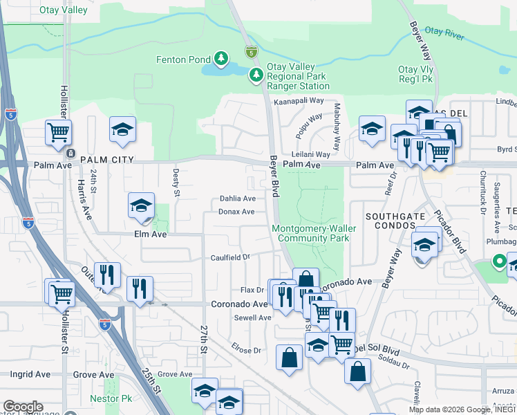 map of restaurants, bars, coffee shops, grocery stores, and more near 2880 Donax Avenue in San Diego