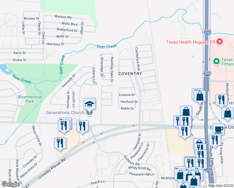 map of restaurants, bars, coffee shops, grocery stores, and more near 12120 Worchester Drive in Crowley