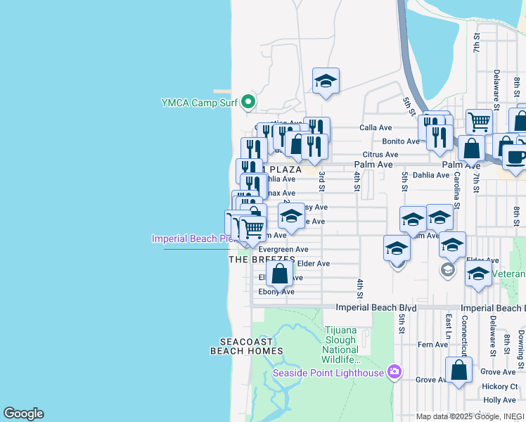 map of restaurants, bars, coffee shops, grocery stores, and more near 131 Daisy Avenue in Imperial Beach