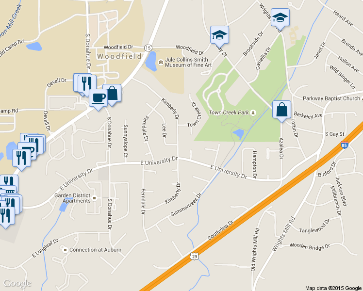 map of restaurants, bars, coffee shops, grocery stores, and more near 317 Kimberly Drive in Auburn
