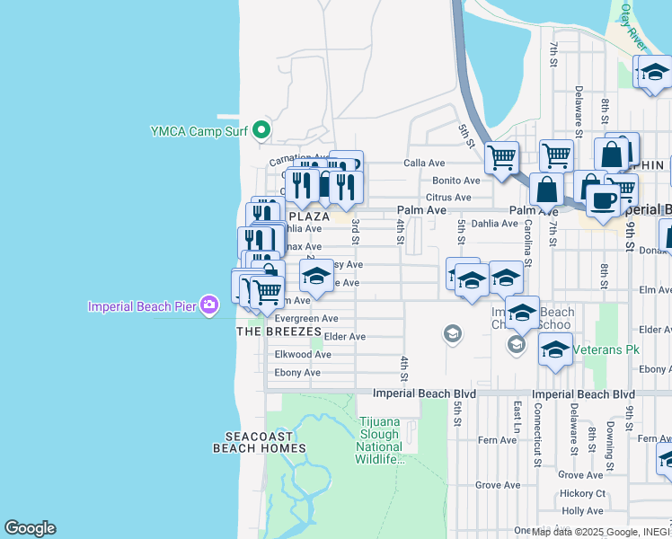 map of restaurants, bars, coffee shops, grocery stores, and more near 255 Daisy Avenue in Imperial Beach