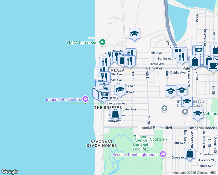 map of restaurants, bars, coffee shops, grocery stores, and more near 137 Daisy Avenue in Imperial Beach