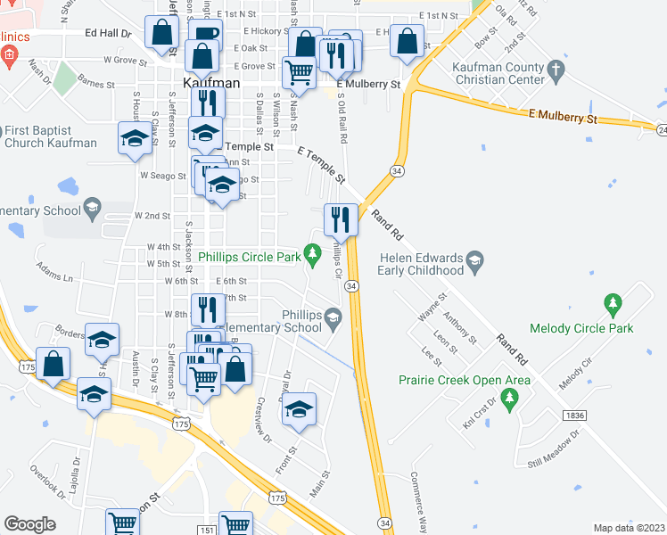 map of restaurants, bars, coffee shops, grocery stores, and more near 1002 Phillips Cir in Kaufman