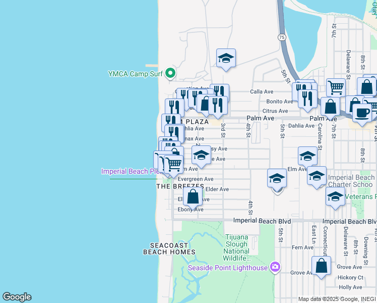 map of restaurants, bars, coffee shops, grocery stores, and more near 149 Daisy Avenue in Imperial Beach