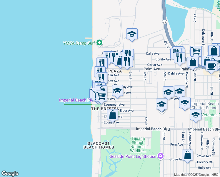 map of restaurants, bars, coffee shops, grocery stores, and more near 157 Daisy Avenue in Imperial Beach