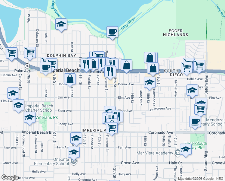 map of restaurants, bars, coffee shops, grocery stores, and more near 837 Florence Street in Imperial Beach