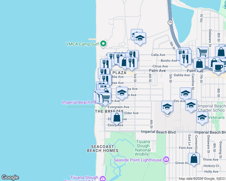 map of restaurants, bars, coffee shops, grocery stores, and more near 149 Daisy Avenue in Imperial Beach