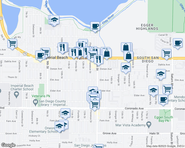map of restaurants, bars, coffee shops, grocery stores, and more near 837 Florence Street in Imperial Beach