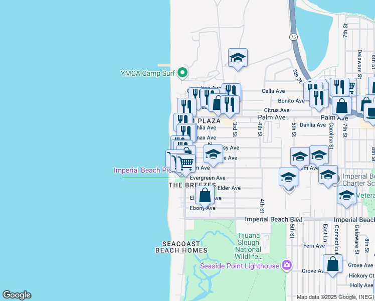 map of restaurants, bars, coffee shops, grocery stores, and more near 109 Daisy Avenue in Imperial Beach
