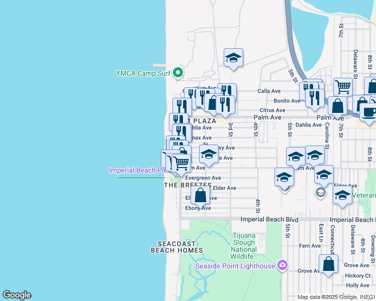 map of restaurants, bars, coffee shops, grocery stores, and more near 127 Daisy Avenue in Imperial Beach
