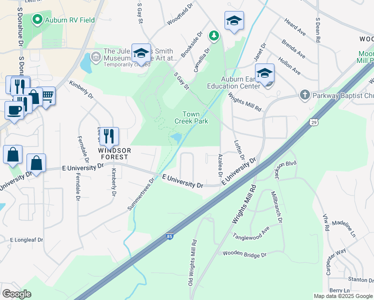 map of restaurants, bars, coffee shops, grocery stores, and more near 1357 Hampton Drive in Auburn