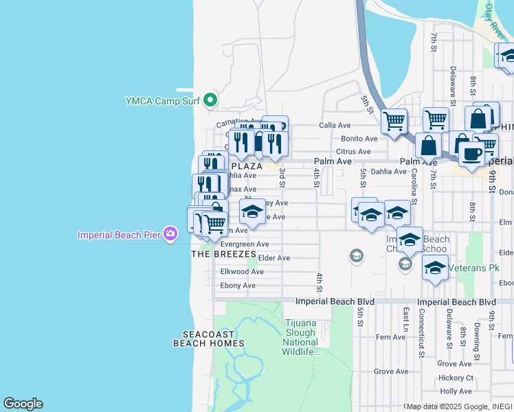map of restaurants, bars, coffee shops, grocery stores, and more near 221 Daisy Avenue in Imperial Beach