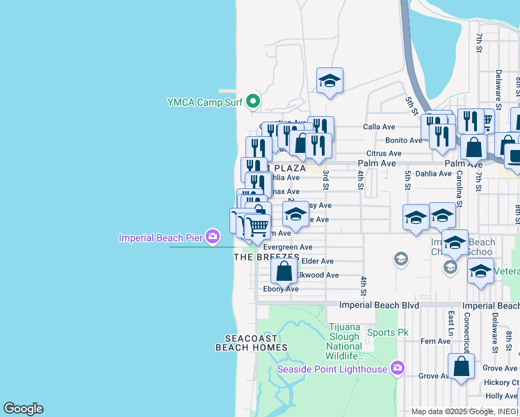 map of restaurants, bars, coffee shops, grocery stores, and more near 109 Daisy Avenue in Imperial Beach