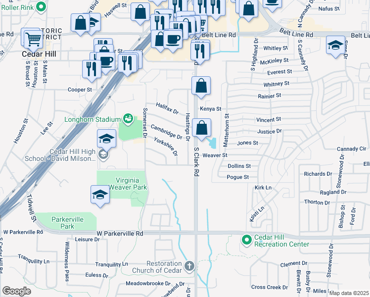 map of restaurants, bars, coffee shops, grocery stores, and more near 414 Hastings Drive in Cedar Hill