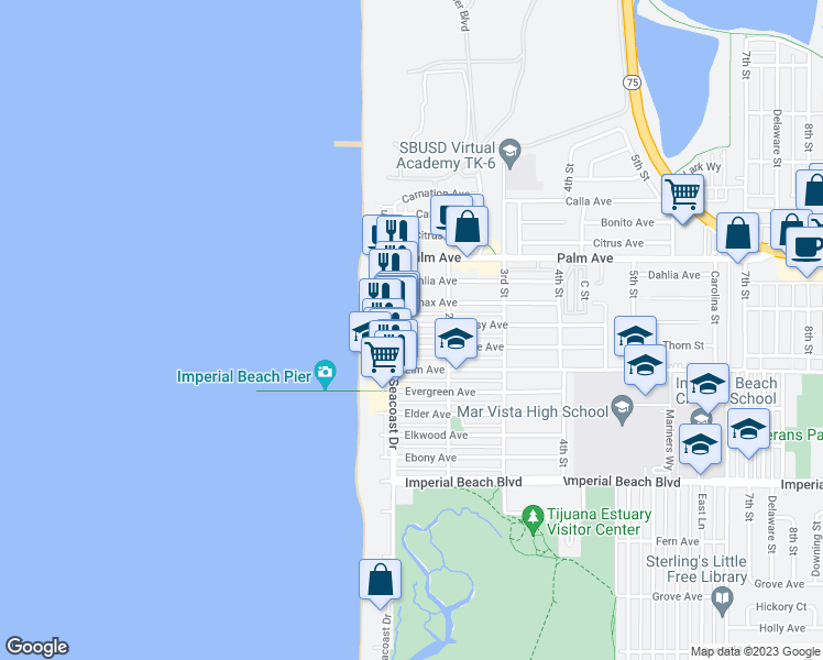 map of restaurants, bars, coffee shops, grocery stores, and more near 129 Daisy Avenue in Imperial Beach