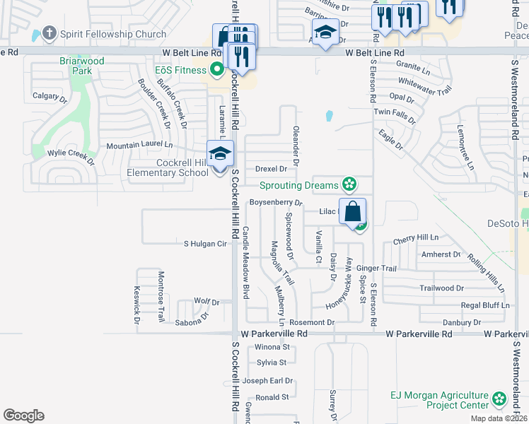 map of restaurants, bars, coffee shops, grocery stores, and more near 508 Mulberry Ln in DeSoto