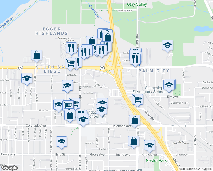 map of restaurants, bars, coffee shops, grocery stores, and more near 2041 Cerrissa Court in San Diego