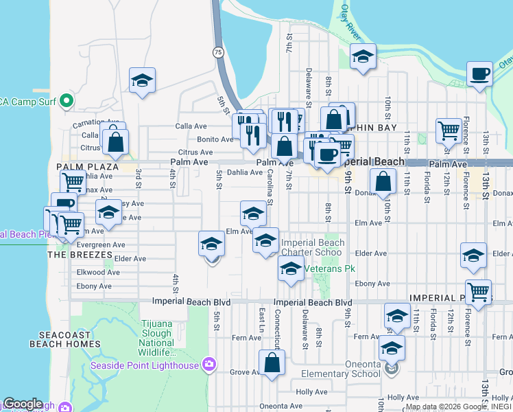 map of restaurants, bars, coffee shops, grocery stores, and more near 633 Spruce Avenue in Imperial Beach