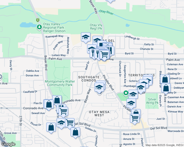 map of restaurants, bars, coffee shops, grocery stores, and more near 890 Beyer Way in San Diego