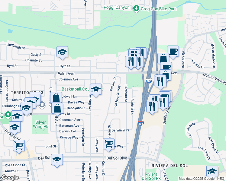 map of restaurants, bars, coffee shops, grocery stores, and more near 837 Kostner Drive in San Diego