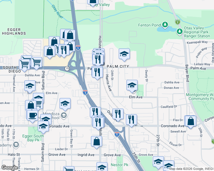 map of restaurants, bars, coffee shops, grocery stores, and more near 825 Harris Avenue in San Diego