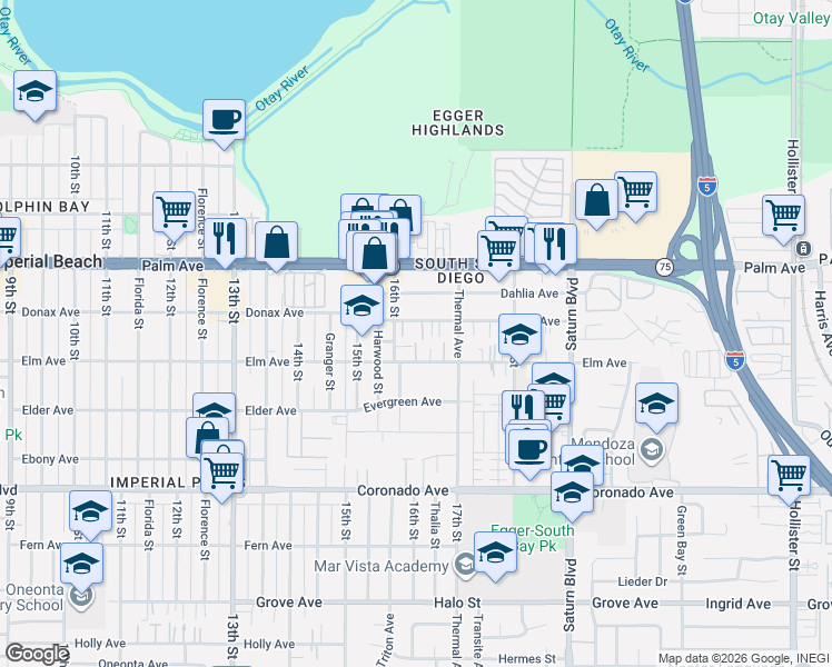 map of restaurants, bars, coffee shops, grocery stores, and more near 1607 Donax Avenue in San Diego