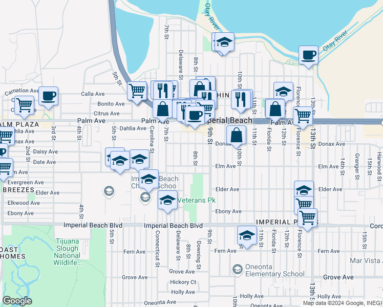 map of restaurants, bars, coffee shops, grocery stores, and more near 851 8th Street in Imperial Beach