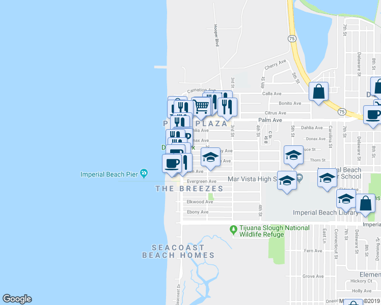 map of restaurants, bars, coffee shops, grocery stores, and more near 149 Daisy Avenue in Imperial Beach