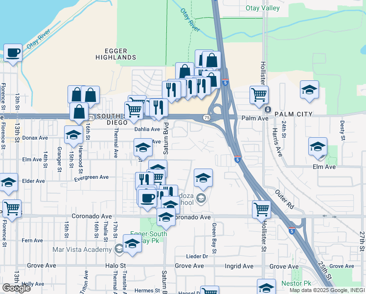 map of restaurants, bars, coffee shops, grocery stores, and more near 1956 Cantamar Road in San Diego