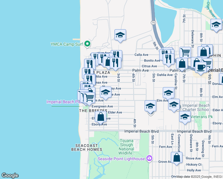 map of restaurants, bars, coffee shops, grocery stores, and more near 255 Daisy Avenue in Imperial Beach