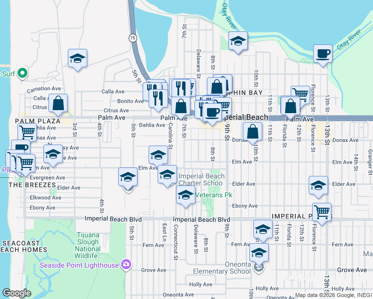 map of restaurants, bars, coffee shops, grocery stores, and more near 843 7th Street in Imperial Beach
