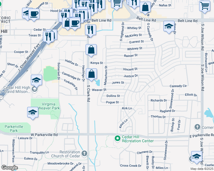 map of restaurants, bars, coffee shops, grocery stores, and more near 403 Jones Street in Cedar Hill