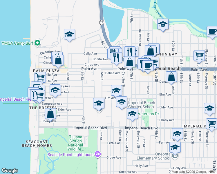 map of restaurants, bars, coffee shops, grocery stores, and more near 541 Spruce Avenue in Imperial Beach
