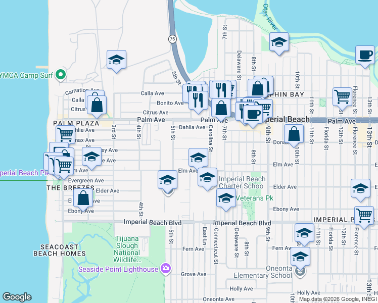 map of restaurants, bars, coffee shops, grocery stores, and more near 561 Spruce Avenue in Imperial Beach