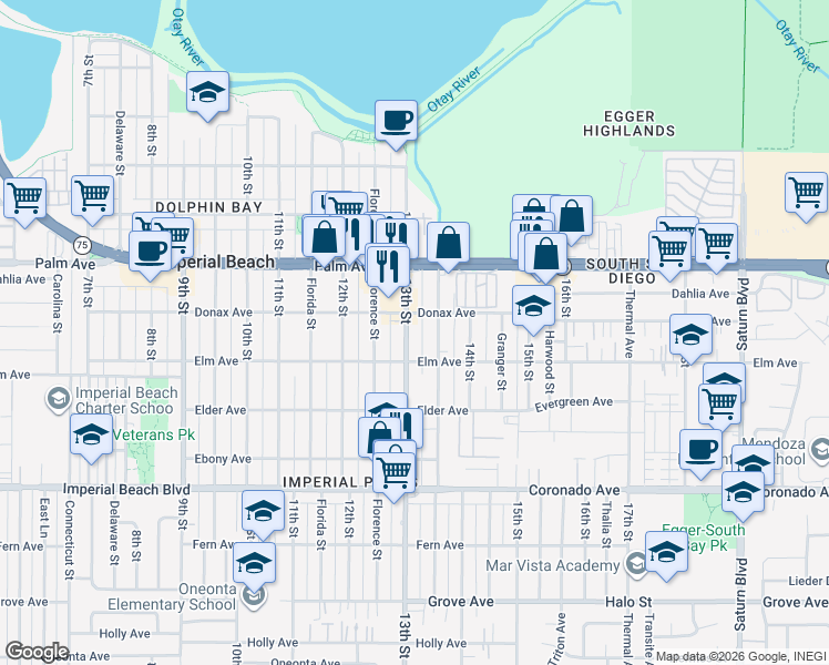 map of restaurants, bars, coffee shops, grocery stores, and more near 835 13th Street in Imperial Beach