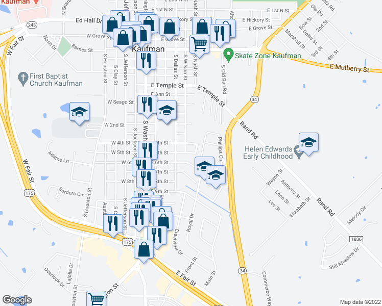 map of restaurants, bars, coffee shops, grocery stores, and more near 100 Janet Circle in Kaufman