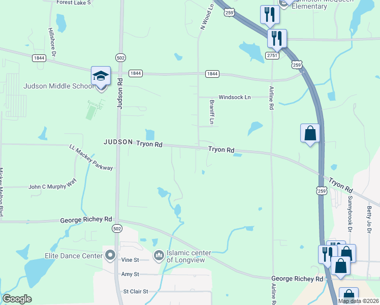 map of restaurants, bars, coffee shops, grocery stores, and more near 7229 Tryon Road in Longview