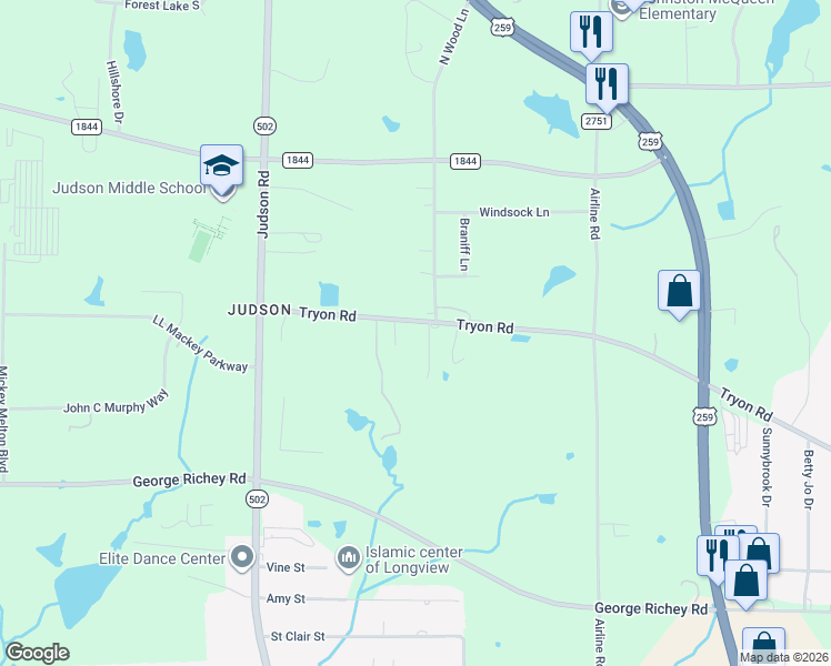 map of restaurants, bars, coffee shops, grocery stores, and more near 7229 Tryon Road in Longview