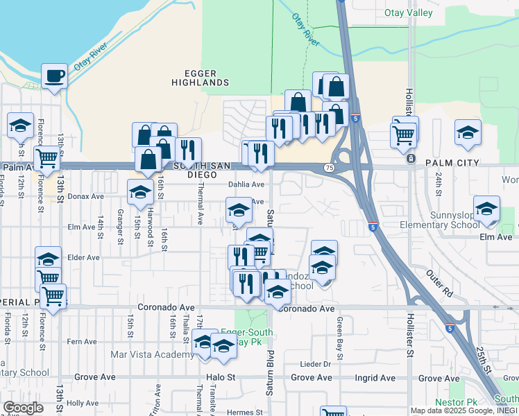map of restaurants, bars, coffee shops, grocery stores, and more near 1877 Donax Avenue in San Diego