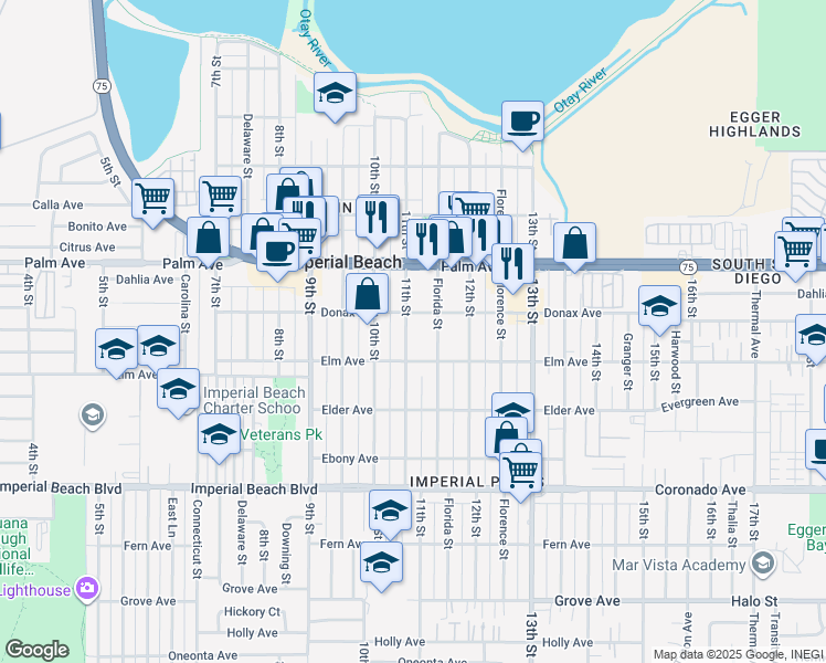 map of restaurants, bars, coffee shops, grocery stores, and more near 11TH Boulevard Avenue in Imperial Beach