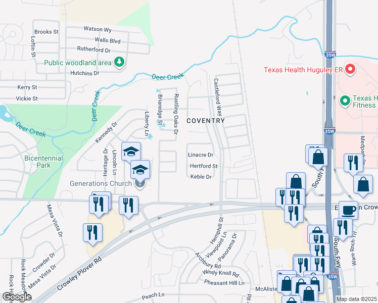 map of restaurants, bars, coffee shops, grocery stores, and more near 556 Linacre Drive in Crowley