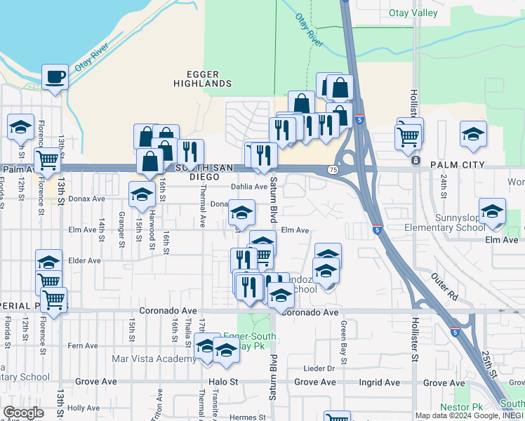 map of restaurants, bars, coffee shops, grocery stores, and more near 1877 Donax Avenue in San Diego