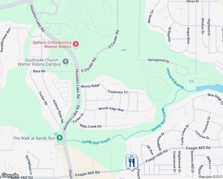 map of restaurants, bars, coffee shops, grocery stores, and more near 111 Creekview Trail in Warner Robins